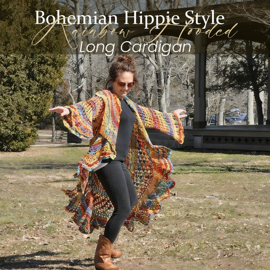 Bohemian Hippie Style Rainbow Hooded Crochet Long Cardigan
