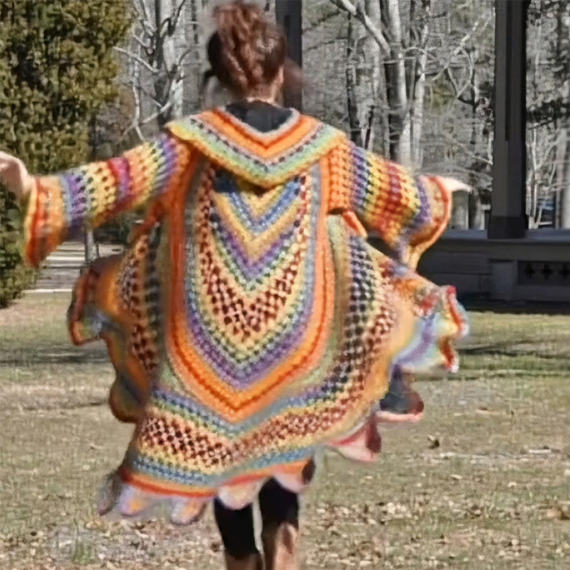 Bohemian Hippie Style Rainbow Hooded Crochet Long Cardigan