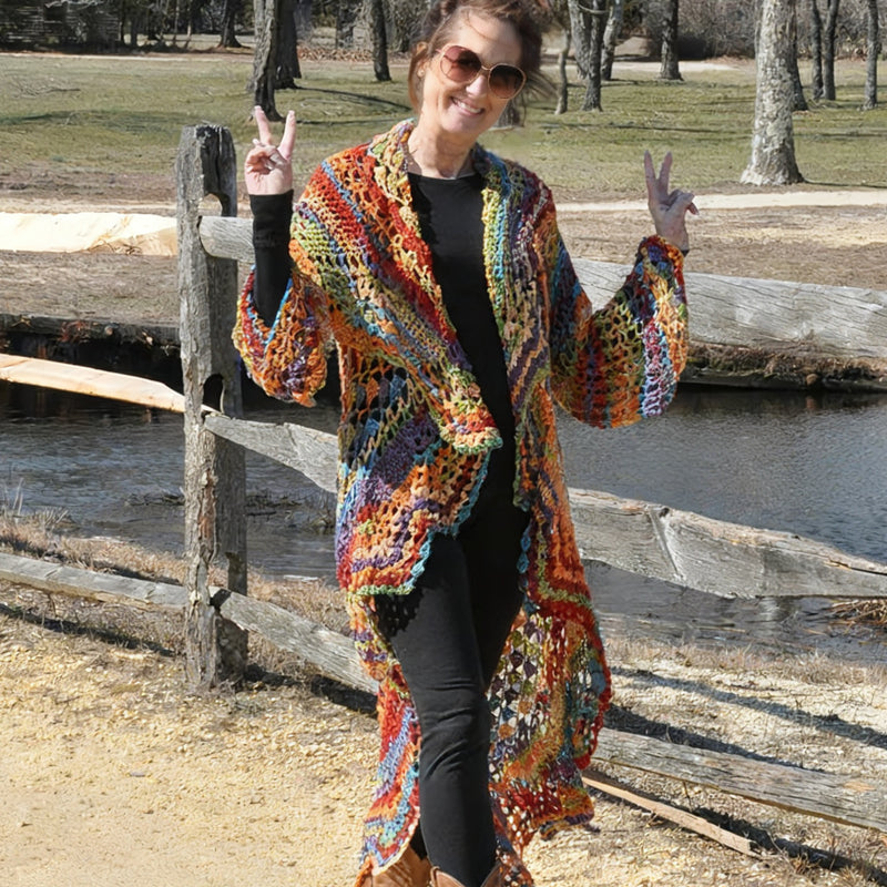 Bohemian Hippie Style Rainbow Hooded Crochet Long Cardigan