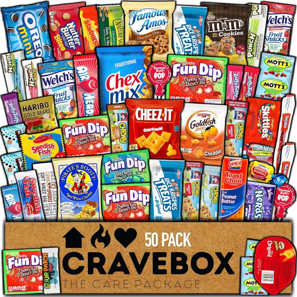 CRAVEBOX Snack Box Variety Pack Care Package (50 Count) Christmas Treats Gift Basket Boxes Pack Adults Kids Grandkids Guys Girls Women Men Boyfriend Candy Birthday Cookies Chips Teenage Mix College Student Food Sampler Office School