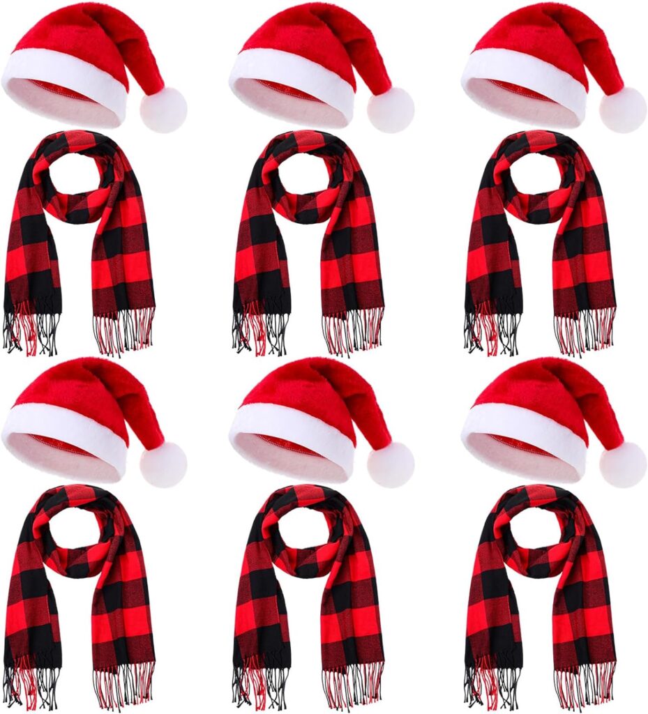 Cuffbow Christmas Santa Hat and Scarf Set Red Black Buffalo Plaid Scarf Christmas Santa Hat for Christmas Winter Party Gift