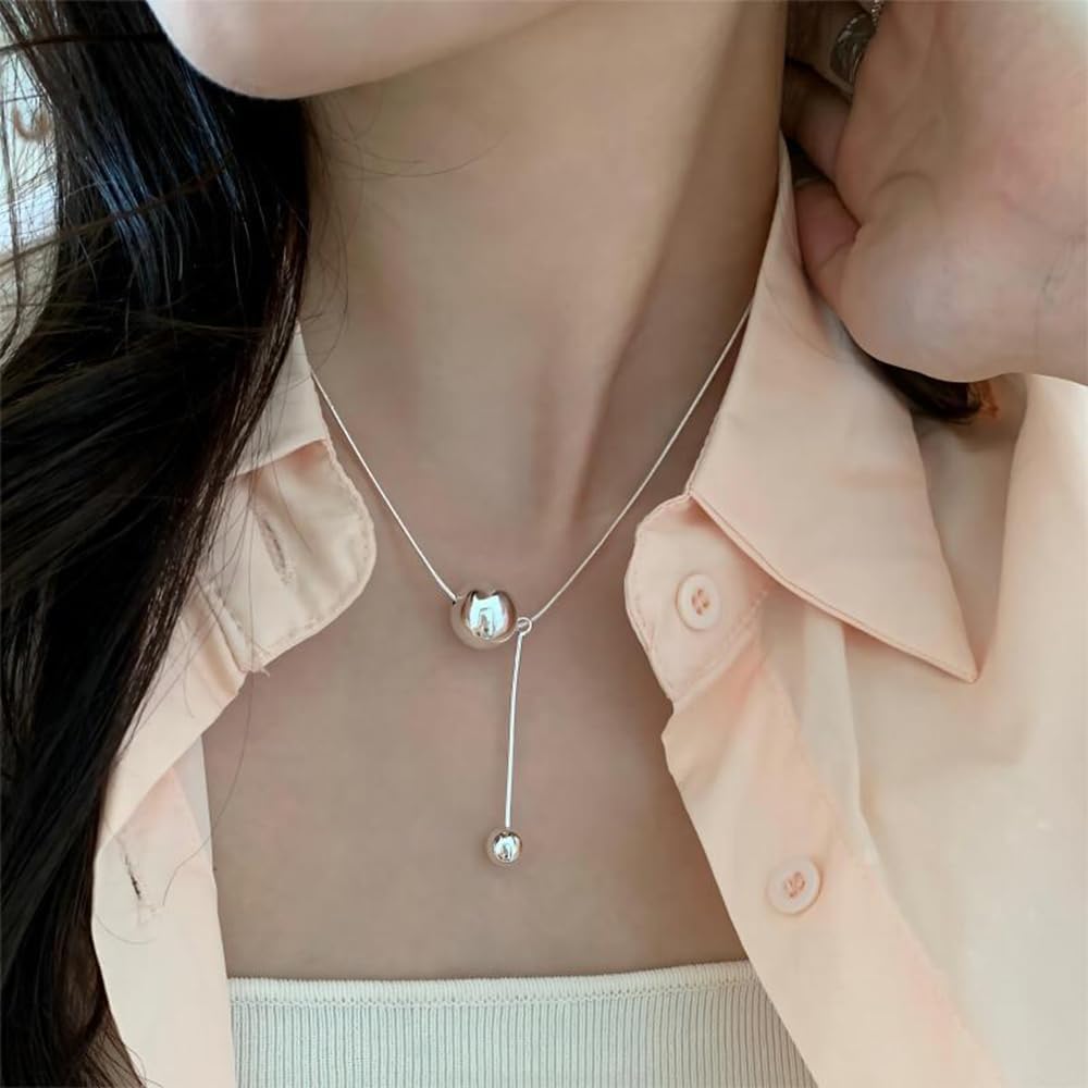 Fashion Ball Statement Necklace Simple Polished Dot Pendant Necklace for Women Dainty White Gold Plated Beaded Snake Bone Chain Choker Necklaces for Girls Engagement Promise Anniversary Valentines Day Christmas Gift