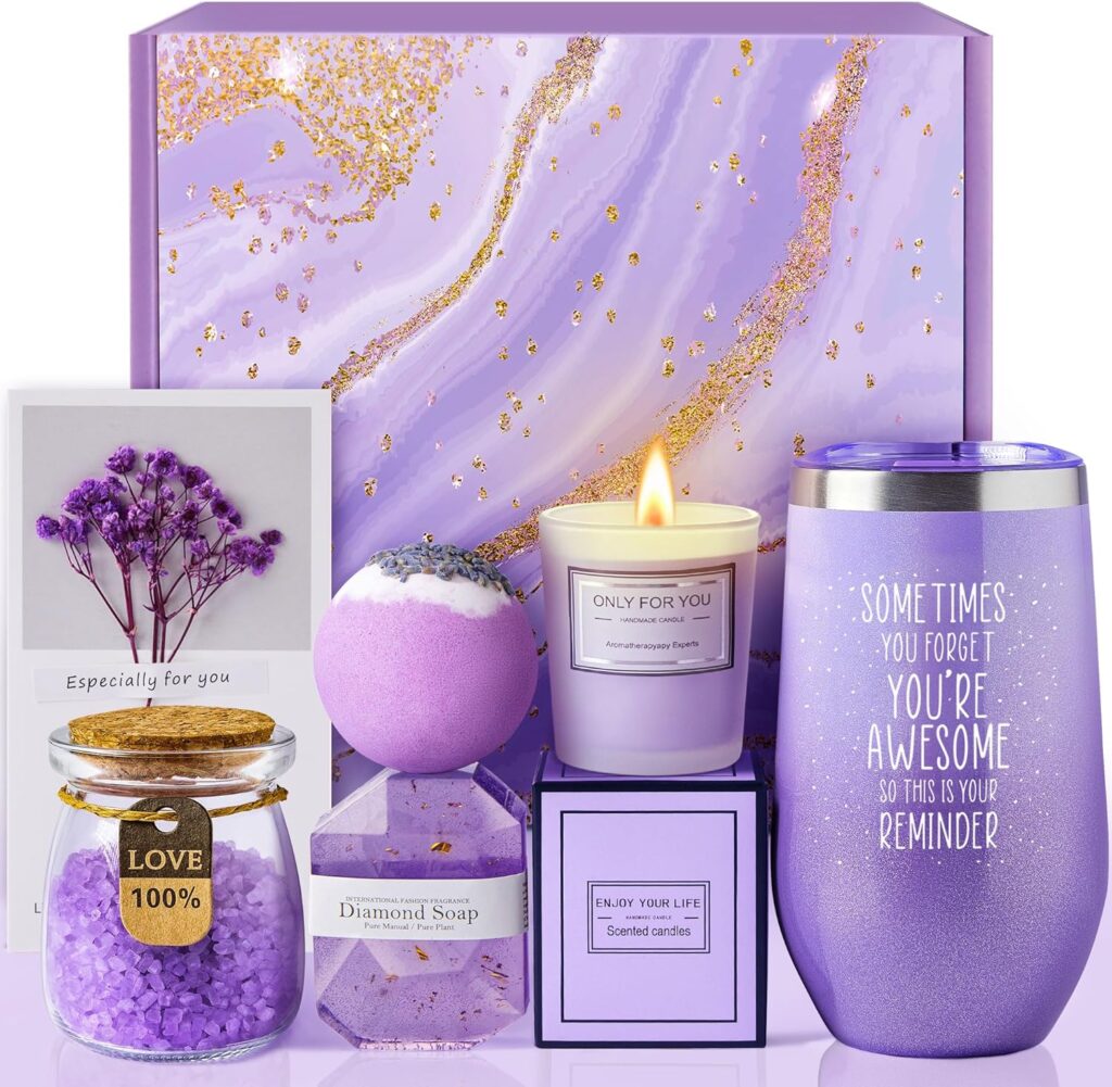 Gifts for Women, Mom, Wife, Girlfriend, Sister, Friends, Her - Happy Birthday, Christmas, Valentines Day, Mothers Day Gifts - Personalized Lavender Relaxing Spa Gift Basket Set for Women Xmas 2023