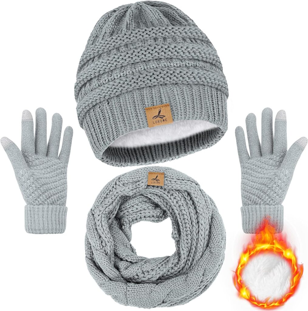 Winter Beanie Hat Scarf Gloves, Warm Fleece Knit Winter Hats Touch Screen Gloves Neck Scarf Set Winter Gifts for Women Men